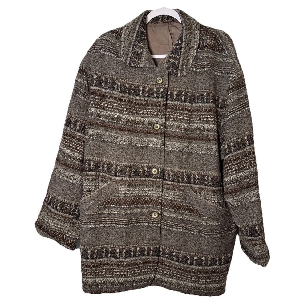 Vintage Wool Blend Aztec Blanket Jacket Womens 44 Oversized Boho Made In Germany